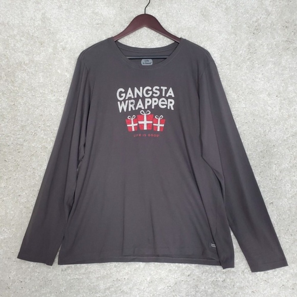 Life‎ Is Good Men Gangsta Wrapper Graphic Long Sleeve Shirt Size XL Gray Holiday